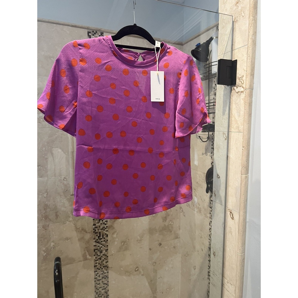 MNG Mango Women Pink Red Polka Dot Satin Flutter Sleeve Blouse XS New